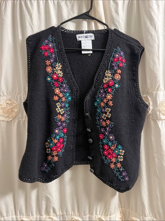 White Stag Sweaters - White Stag Black Knit Vest with Multicolor Floral Embroidery